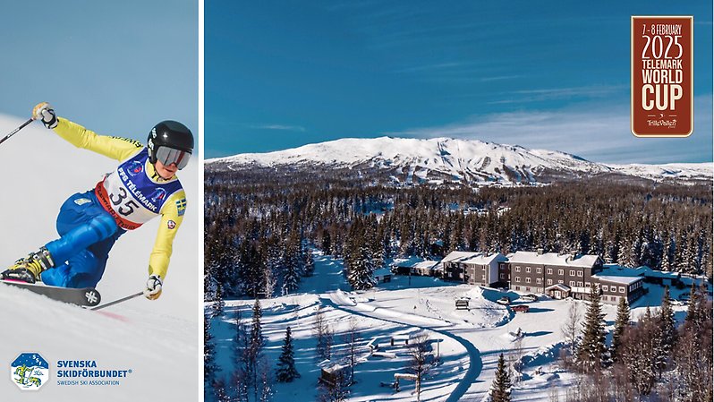 Kollage med telemarkåkare och flygbild över Trillevallen.