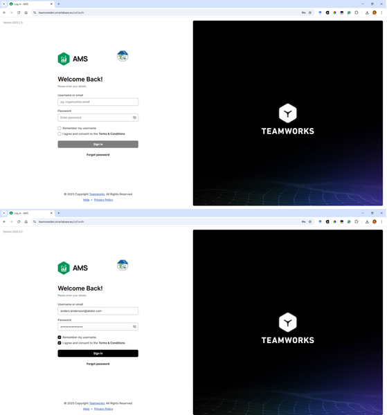 Teamworks inloggningssida webbläsare